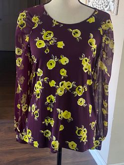 Calvin Klein Women’s Size Small Blouse Burgundy Olive Floral Mesh Sleeves