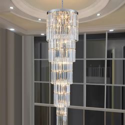 Luxury Modern Long Staircase K9 Chandeliers Silvery Top Design 10-Tier Large Foyer Entrance