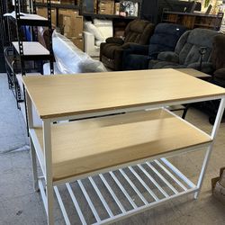 VASAGLE Kitchen Island with 3 Shelves - Oak Color and White *** corner dent***