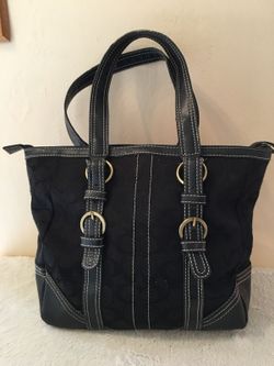 Black canvas and leather tote purse