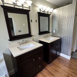 Two Vanities, Two Mirrors, & Two Light Fixtures