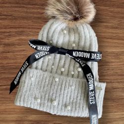 New Steve Madden Women’s Winter Knit Light Gray Pom Hat With Pearls & Bling 