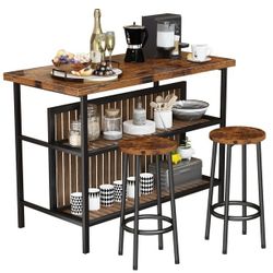 3 Piece Dining Table Set, Faux Marble Dining Room Table Set with 2 Tier Storage Shelves, Bar Table Set with Stools, Kitchen Island with Storage for Re