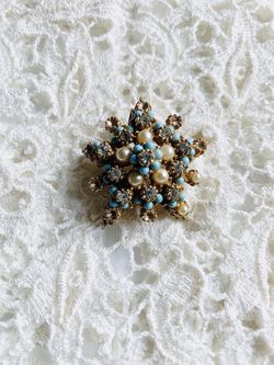 Vintage Pearl Turquoise Brooch Costume Jewelry