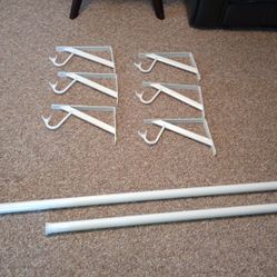 6 white heavy duty shelf / rod Brackets And 2 Rods 