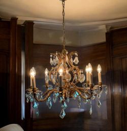 Antique brass 8 light vintage French style diamond cut crystal chandelier
