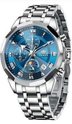 Brandnew  Luxury Sliver Stainless Steel Dress Waterproof Blue Face Wrist Watches for Men Classic Analog Quartz Moon Phase Chronograph Men Watch