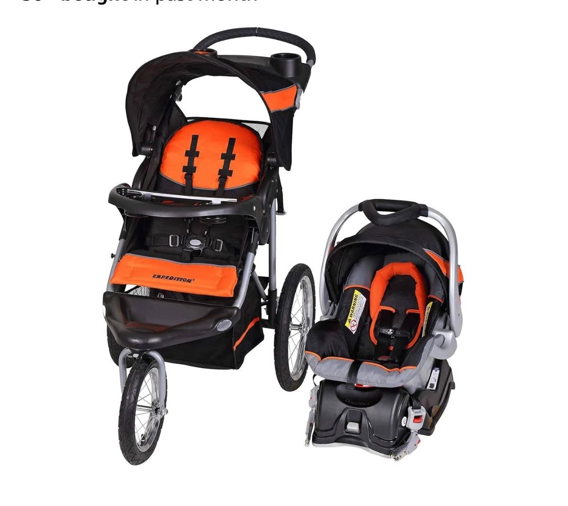 infant car seat with base, stroller, and rain cover