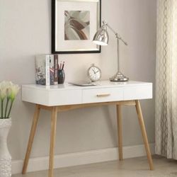 Rectangular White and Light Oak Wood 1-Drawer Writing Desk