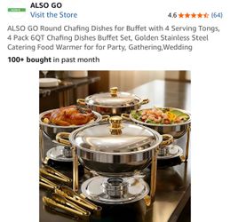 ALSO GO Round Chafing Dishes for Buffet with 3 Serving Tongs, 4 Pack 6QT Chafing Dishes Buffet Set, Golden Stainless Steel Catering Food Warmer for fo