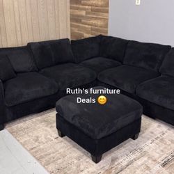 Stylish Black Sectional Sofa With Ottoman Black Corduroy Brand New 