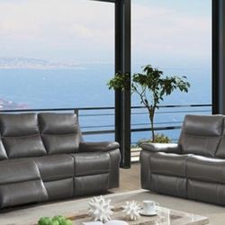 Brand New Gray Top Grain Leather Match (REAL LEATHER)  Power Assist Recliner Sofa And Love Seat 