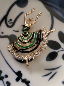 Vintage Ballerina Brooch Green Black Enamel Dancing Girl Rhinestone Tutu Pin