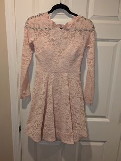 Pink Lace Long Sleeve A-Line Skater Midi Dress