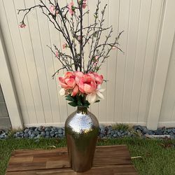 Home decor - fake flowers, roses, pussy willows w/ cherry bloss branches. Silver metal  vase