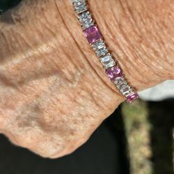 Princess cut Pink and Radiant cut rectangular Clear CZ tennis bracelet 7.25” 18 KT gold plate