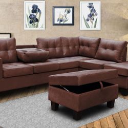 BROWN OR GREY SECTIONAL WITH OTTOMAN 