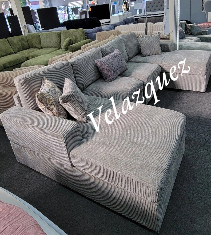 ✅️✅️4 pc fog grey corduroy fabric sectional sofa with double chaise✅️✅️✅️