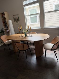 Modern Oak Oval Dining Table & 4 Cane Bouclé Chairs (Full Set or Separate)