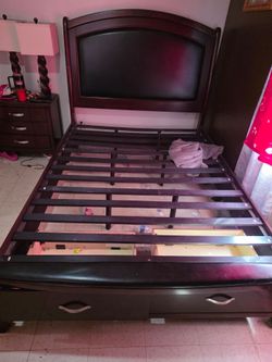 Dark Cherry Wood Bed Frame with Storage Drawers