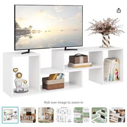 DEVAISE Flat Screen TV Stand for 43 45 55 inch TV, Modern Entertainment Center with Storage Shelves, Media Console Bookshelf for Living Room, White