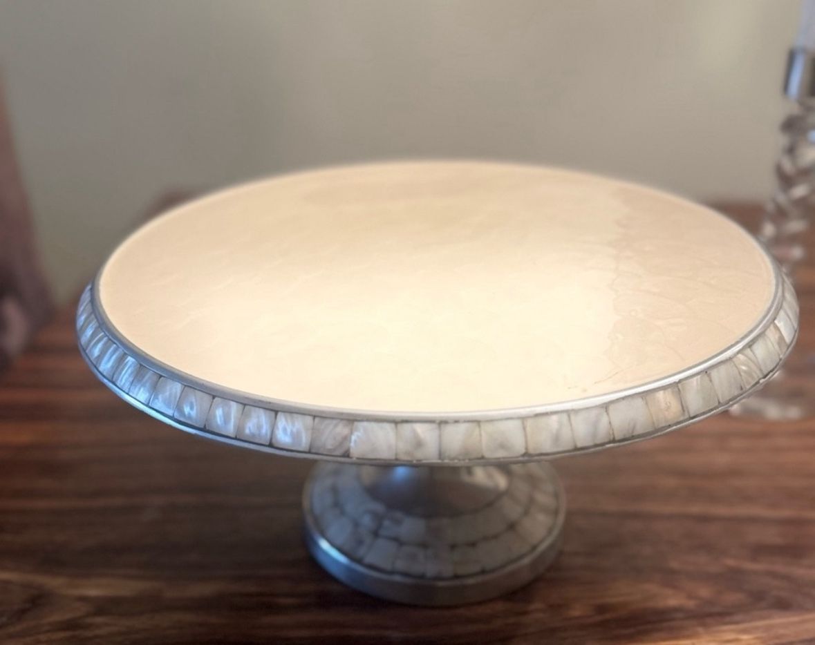 Brand New Mother-of-Pearl 14” Cakestand by Julia Knight Silver Accents Ivory Hue