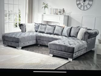 Dark Shadow Grey Velvet Tufted Double Chaise Lounge Sectional Sofa