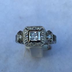 Silver Ring With Square and Round Cut Cubic Zirconia, Size 8