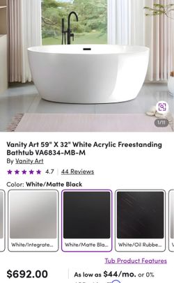 Vanity Art 59" X 32" White Acrylic Freestanding Bathtub VA6834-MB-M