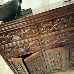 Antique wood side table with storage