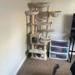Cat Tree, 64" Tall Cat Tower for Indoor Cats, Cat Condo for Large Adult with Food Station, Scratching Post, Cat Tunnel, Hammock, Bowls, Muchroom GCT02