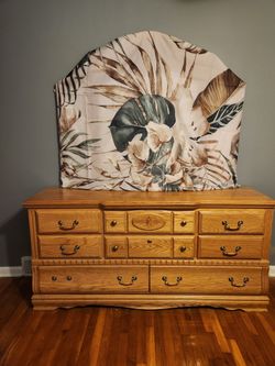 Solid oak dresser, chest of drawers, and two nightstands
