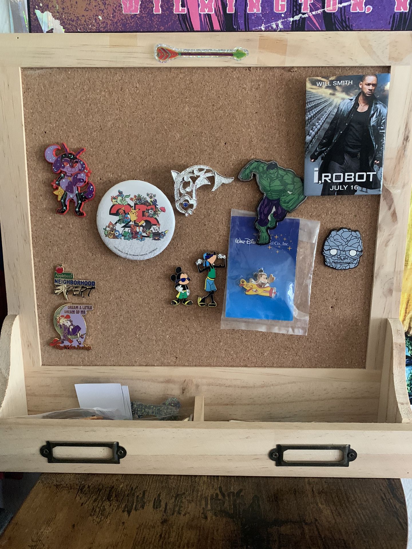 Collectible Pins Including Cork Board