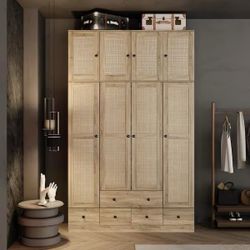 Brown Wood Grain 59 in. W Rattan Doors Design Armoires Wardrobe with 5-Drawers, 2-Hanging Rods (70.8