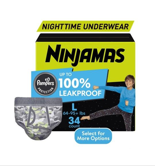 Pampers Ninjamas Nighttime Bedwetting Underwear Boys Size L/XL, 34 Count