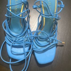 LILIANA Lace Up Gladiator Heels Block Heel Teal Blue Sandals Size 7.5 