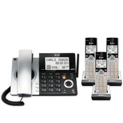 AT&T CL84307 Dect 6.0 Teléfono expandible con cable/inalámbrico con bloqueador inteligente de llamadas, plateado/negro con 3 teléfonos