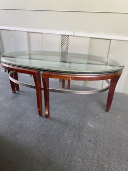 Modern oval wood metal glass coffee table