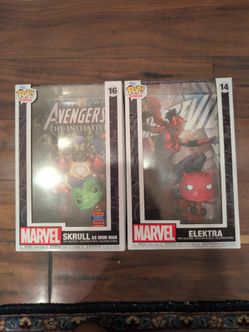 Two brand new Funko pops Marvel Skrull as Iron man Funko 2023 wondrous convention limited edition and Marvel Electra