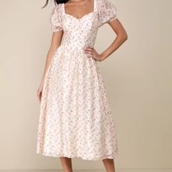 Lulus Effortless Ideal Ivory Floral Dress Puff Sleeve Lace Up Sweetheart Neck