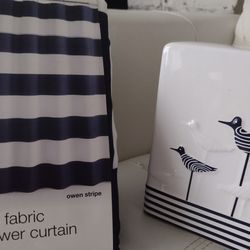 Brand New.  navy Blue Shower Curtain And Square Ceramic Tissue Box