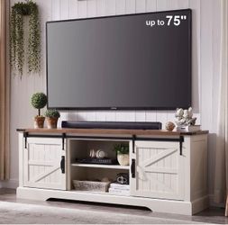 66”  TV Stand with Storage Cabinets and Sliding Barn Doors for Living Room or Bedroom in Bright White