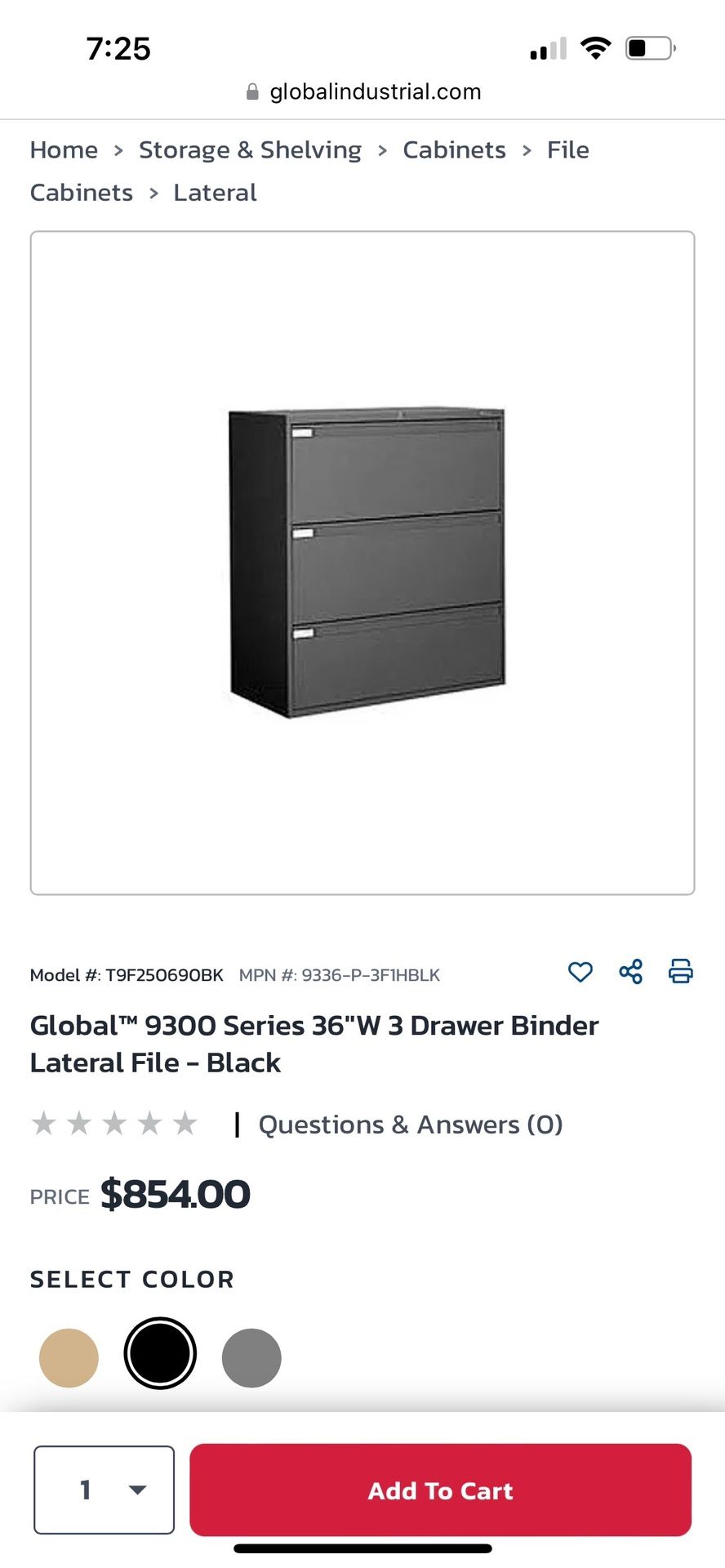 Used Global 3 Drawer Black File Cabinet