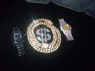 Rich Money Black Titanium Big Medallion Money Piece Pendant Two Watches Long 26 Inch Yellow Gold