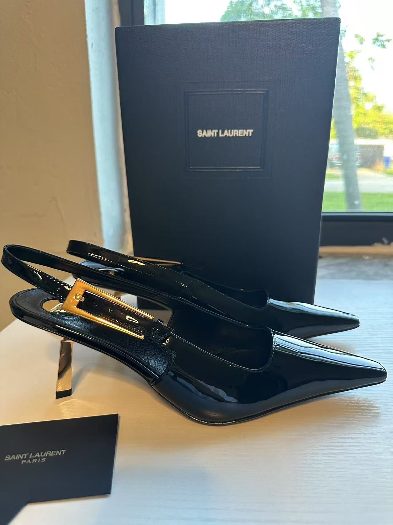 Saint Laurent Lee Slingback Pumps In BLK Patent Leather Size 10