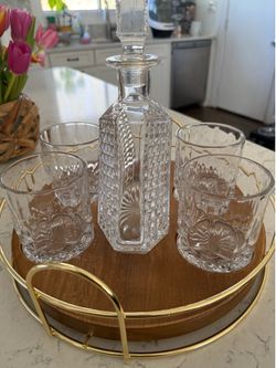 Vintage-Style Crystal Decanter Set with 4 Glasses + Wood & Gold Tray