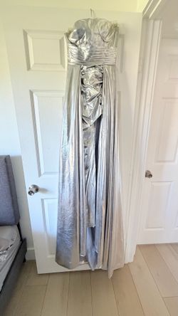 Strapless silver evening gown