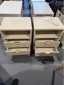 New-Fluted Night Stand Set of 2,Modern Wood Nightstand with Charging Station, 2 Drawers and Storage Shelf Bedside Table for Bedroom, Natural Oak