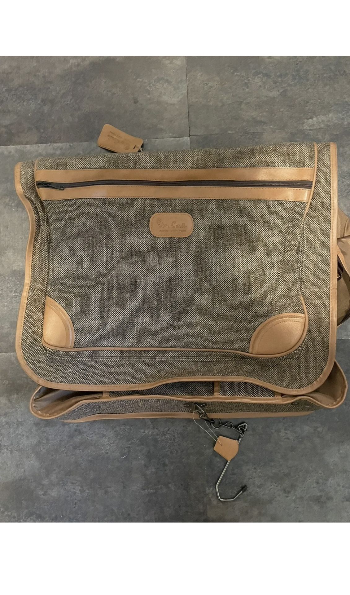 Vintage PIERRE CARDIN Garment Bag Luggage Hanging Suit Bag Luggage Tweed Khaki