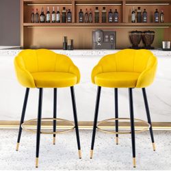 Set of 2 Velvet Bar Stools Modern Upholstered Counter Height Bar Chairs with Floral Back & Black Gold Tipped Metal Legs Mid-Century Kitchen Island Sto